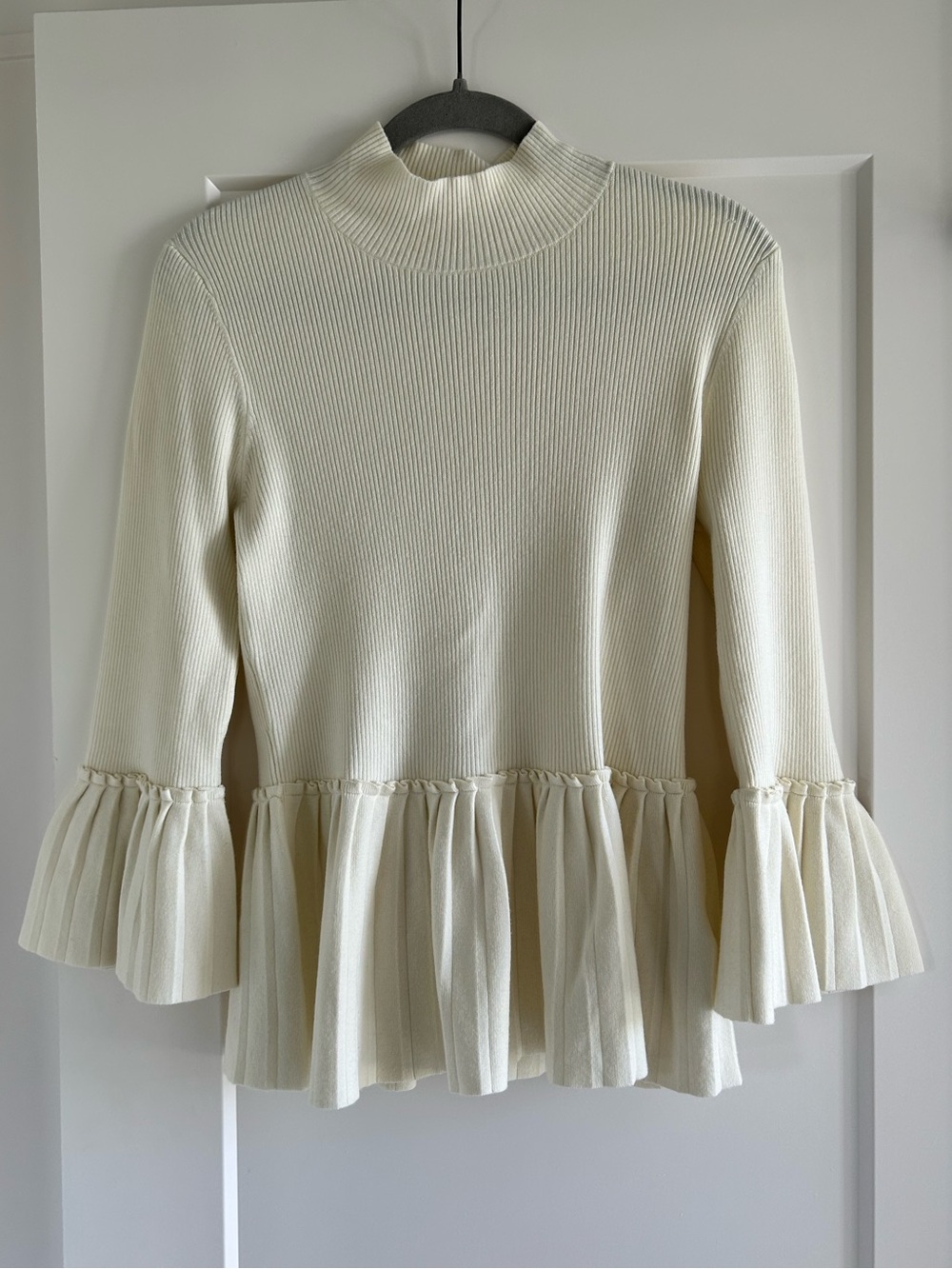 Ted Baker Cream Ribbed Peplum Mock-Neck Sweater